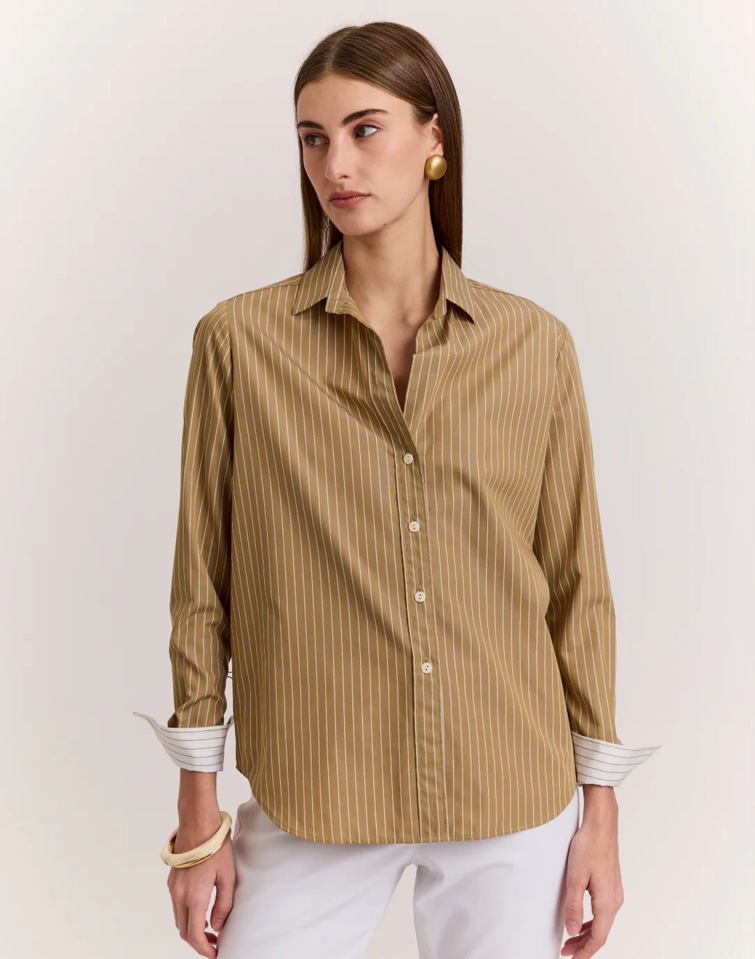 Hinson Wu Esther Pencil Stripe Shirt in Khaki & White - Mildred Hoit