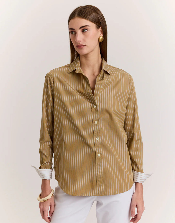 Hinson Wu Esther Pencil Stripe Shirt in Khaki & White - Mildred Hoit