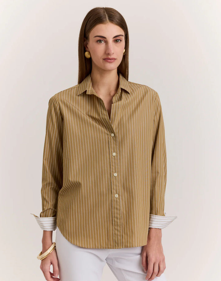 Hinson Wu Esther Pencil Stripe Shirt in Khaki & White - Mildred Hoit