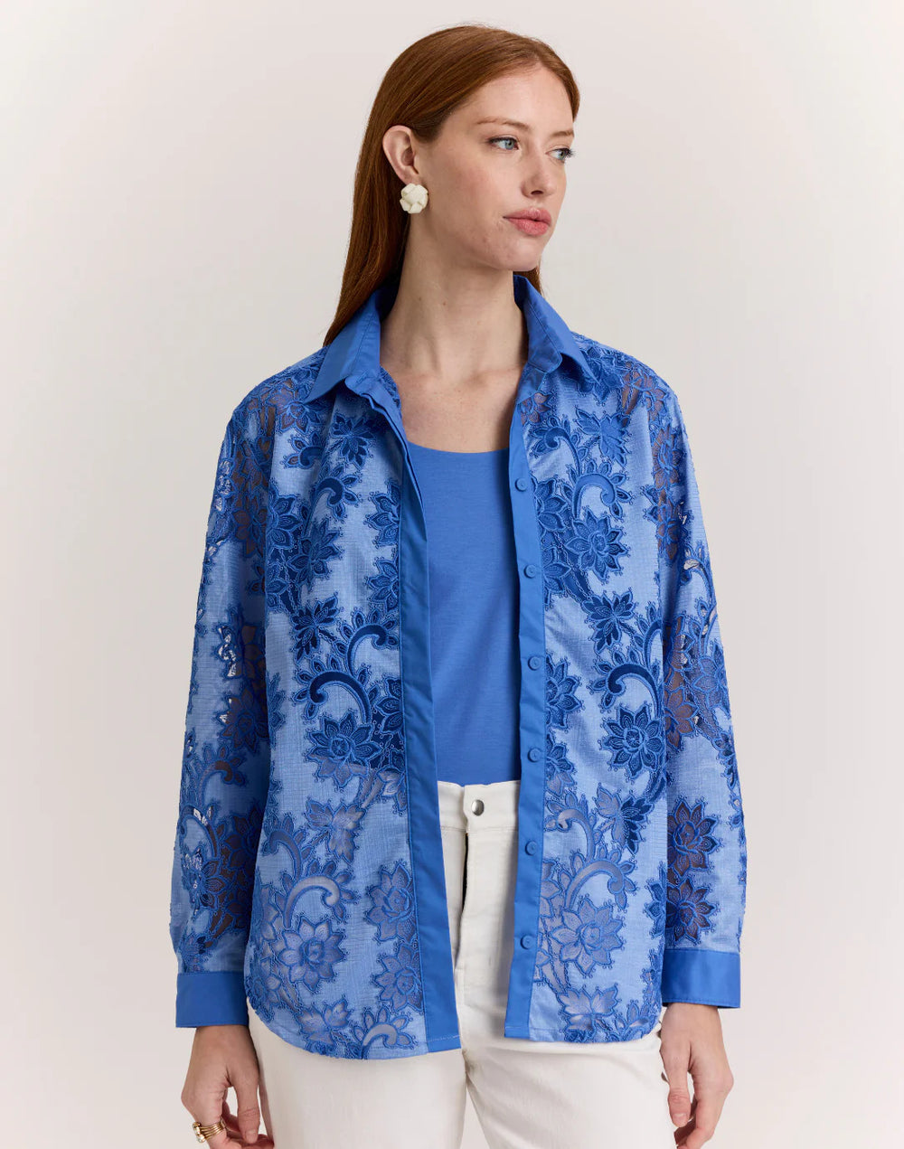 Hinson Wu Halsey Floral Motif Lace Shirt in Lake Blue - Mildred Hoit