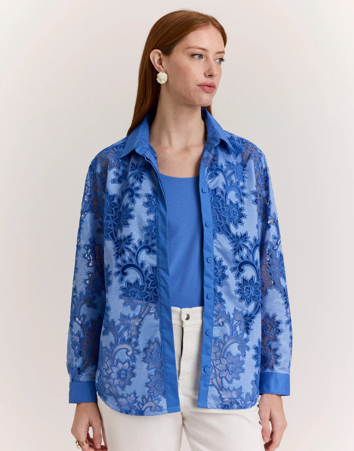 Hinson Wu Halsey Floral Motif Lace Shirt in Lake Blue - Mildred Hoit