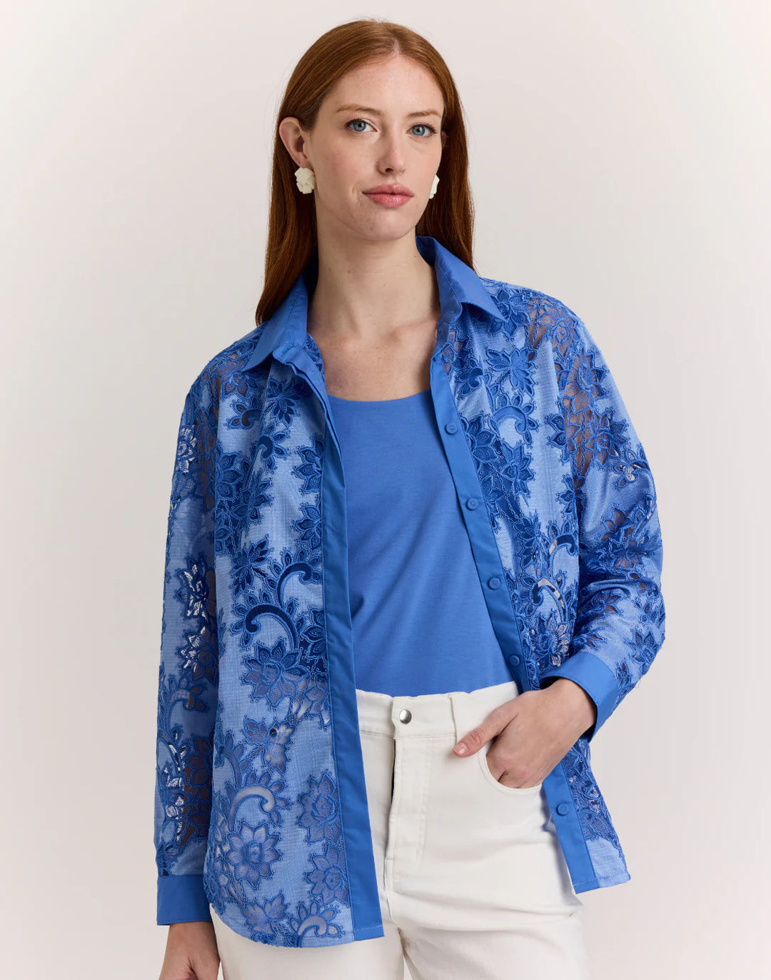 Hinson Wu Halsey Floral Motif Lace Shirt in Lake Blue - Mildred Hoit