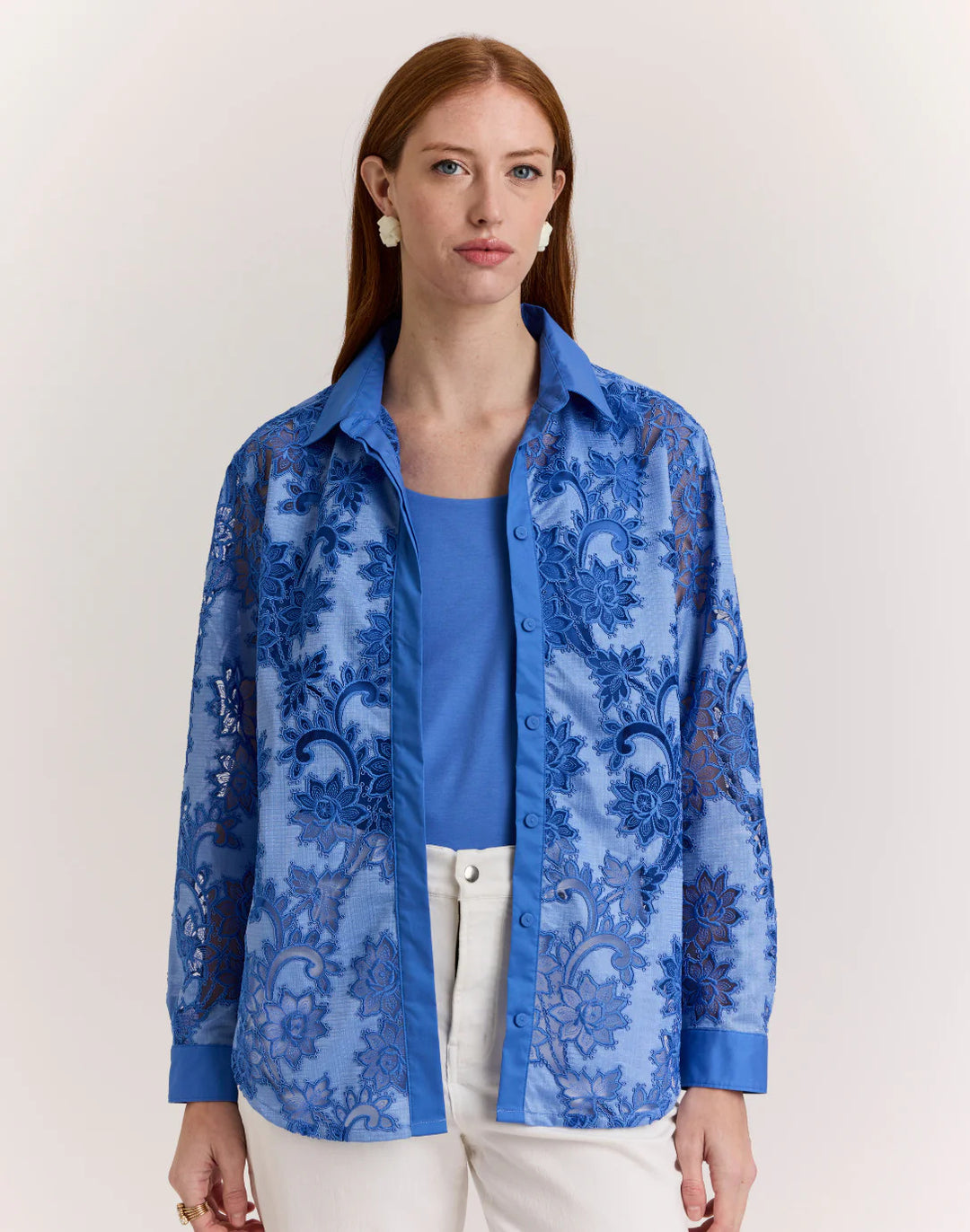 Hinson Wu Halsey Floral Motif Lace Shirt in Lake Blue - Mildred Hoit