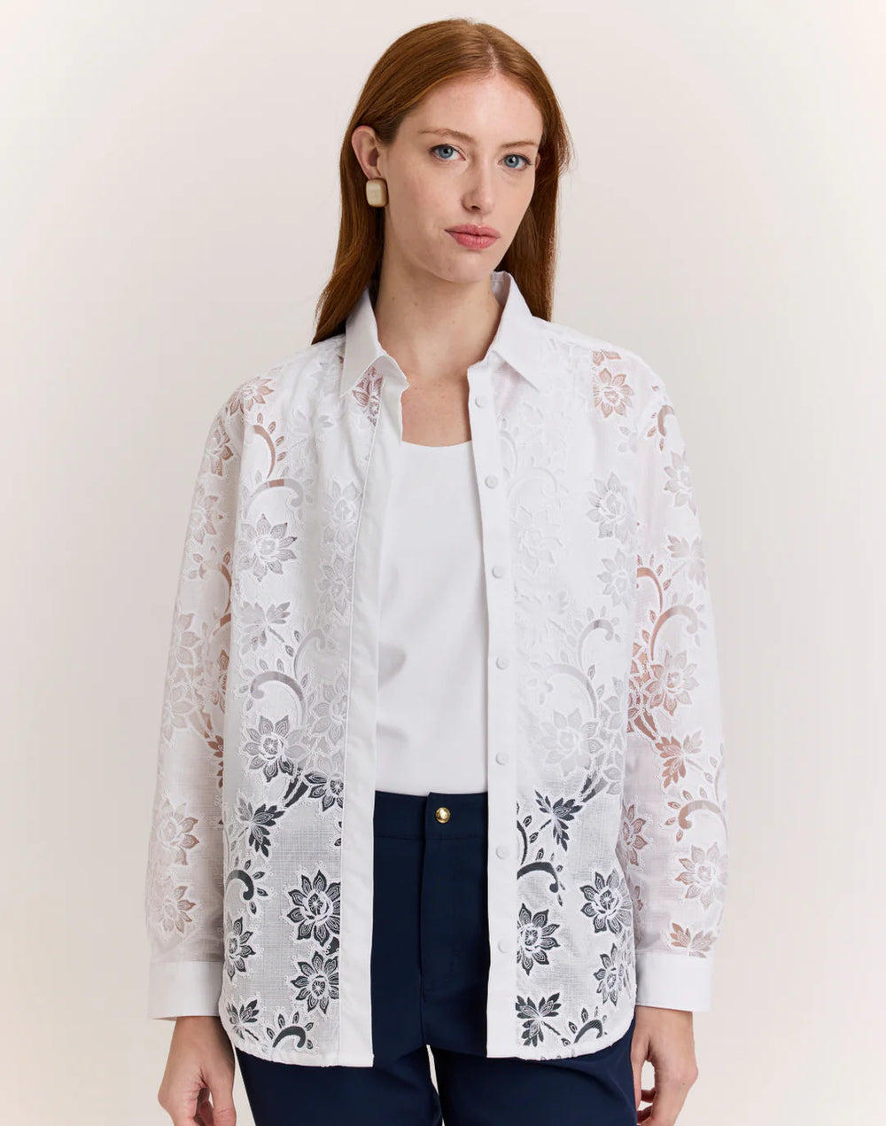 Hinson Wu Halsey Floral Motif Lace Shirt in White - Mildred Hoit