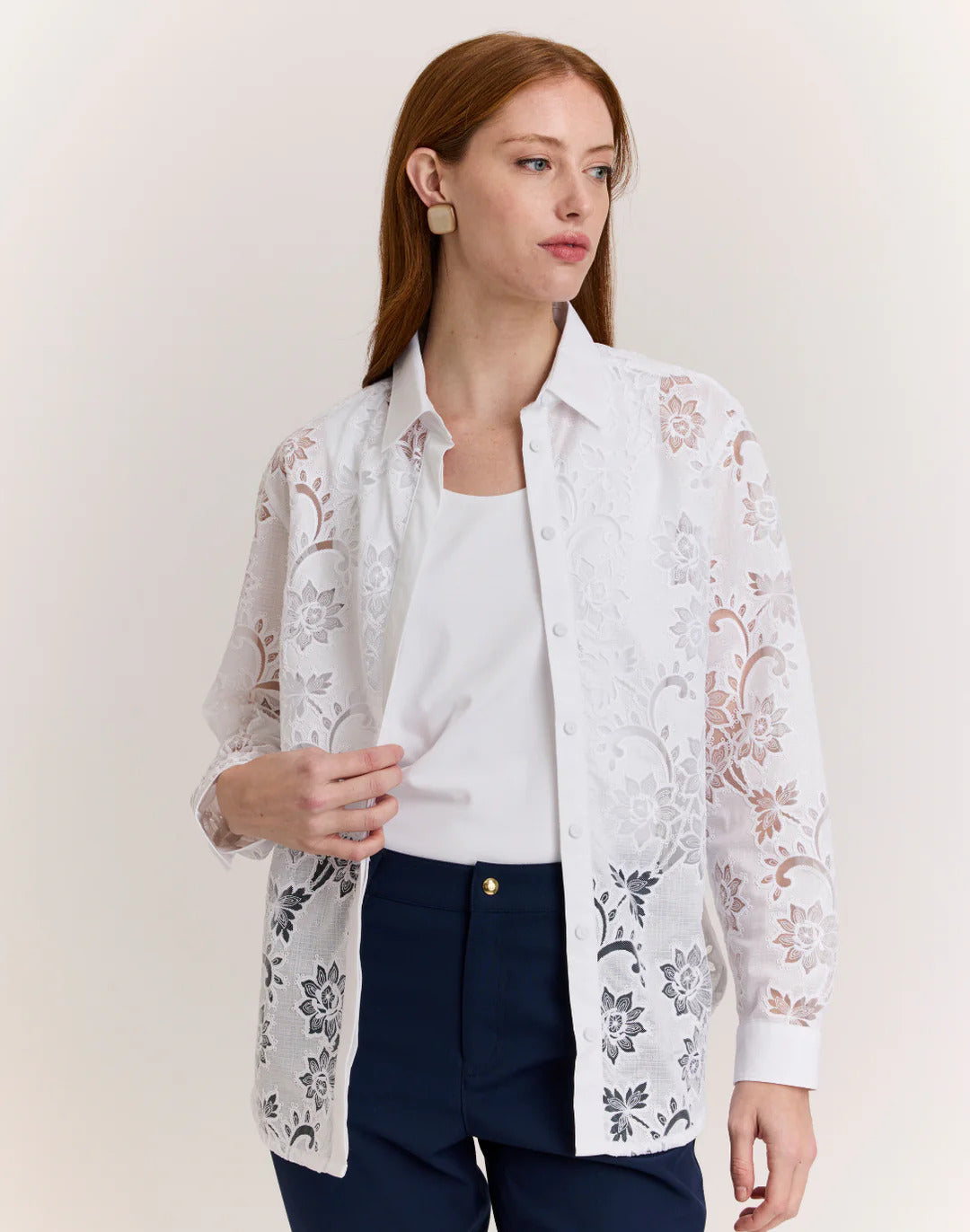 Hinson Wu Halsey Floral Motif Lace Shirt in White - Mildred Hoit