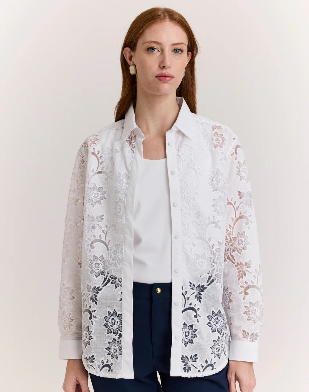 Hinson Wu Halsey Floral Motif Lace Shirt in White - Mildred Hoit