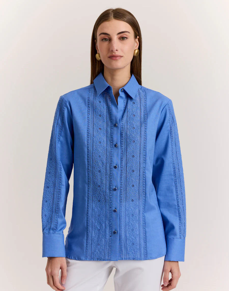 Hinson Wu Margot Long Sleeve Lace Trim Linen Shirt in Light Lake Blue - Mildred Hoit