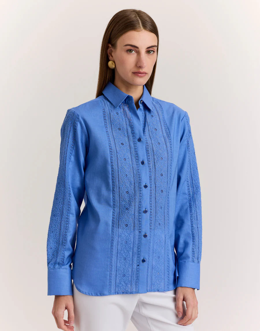 Hinson Wu Margot Long Sleeve Lace Trim Linen Shirt in Light Lake Blue - Mildred Hoit
