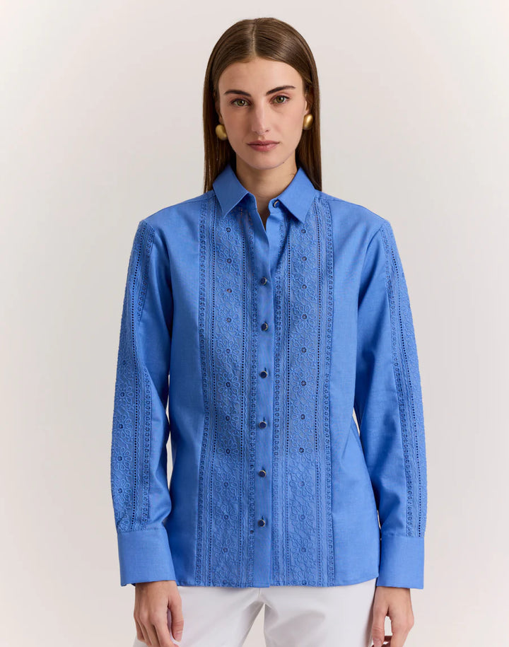 Hinson Wu Margot Long Sleeve Lace Trim Linen Shirt in Light Lake Blue - Mildred Hoit