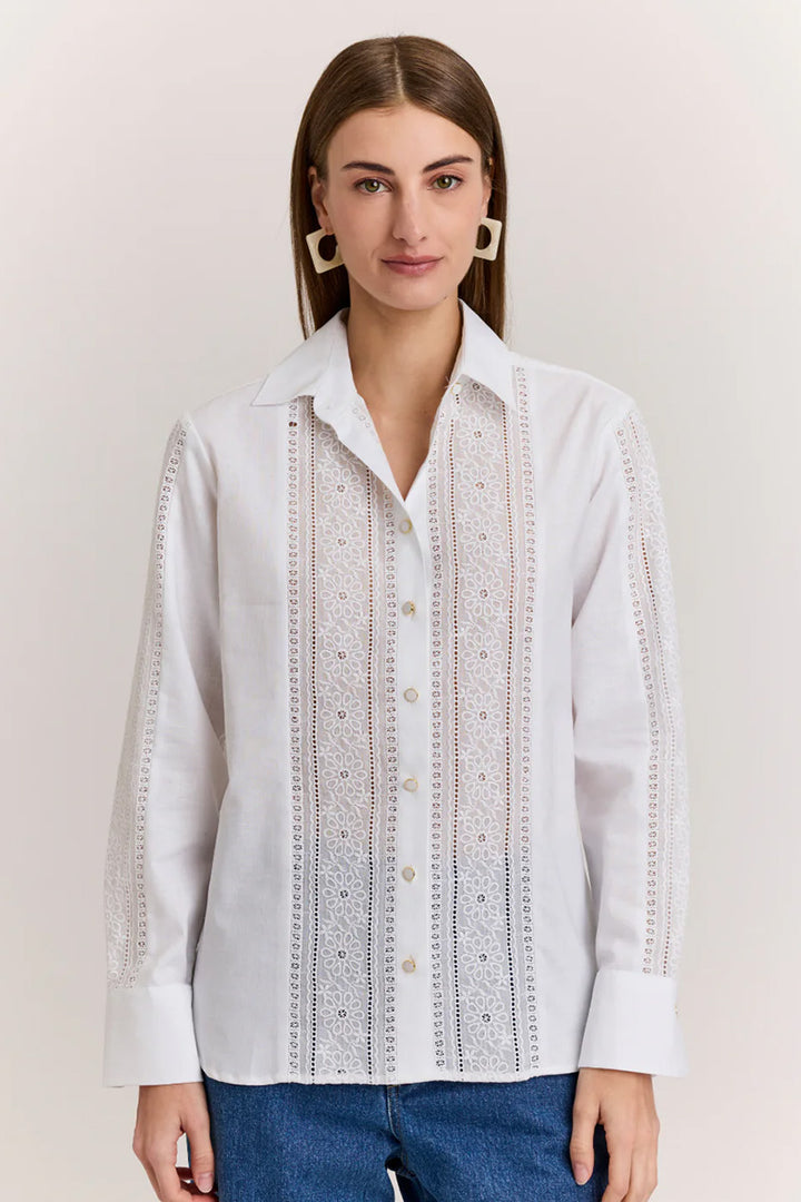 Hinson Wu Margot Long Sleeve Lace Trim Linen Shirt in White