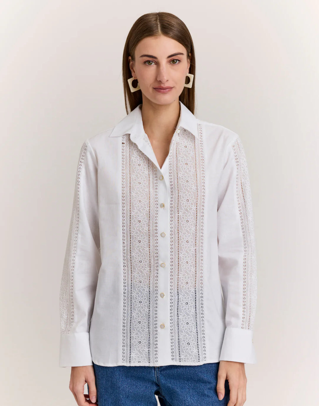Hinson Wu Margot Long Sleeve Lace Trim Linen Shirt in White - Mildred Hoit