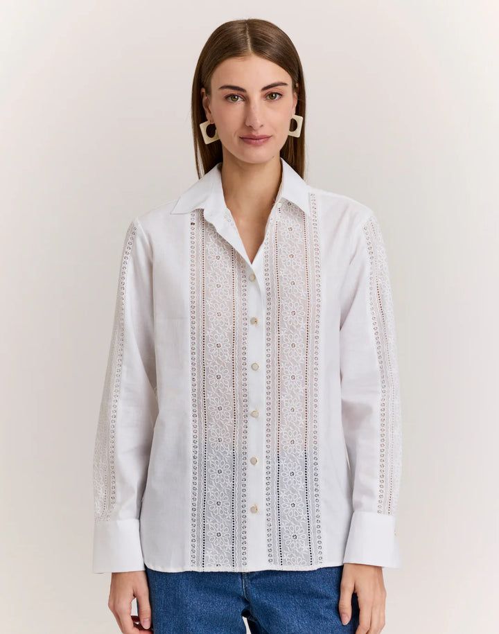 Hinson Wu Margot Long Sleeve Lace Trim Linen Shirt in White - Mildred Hoit