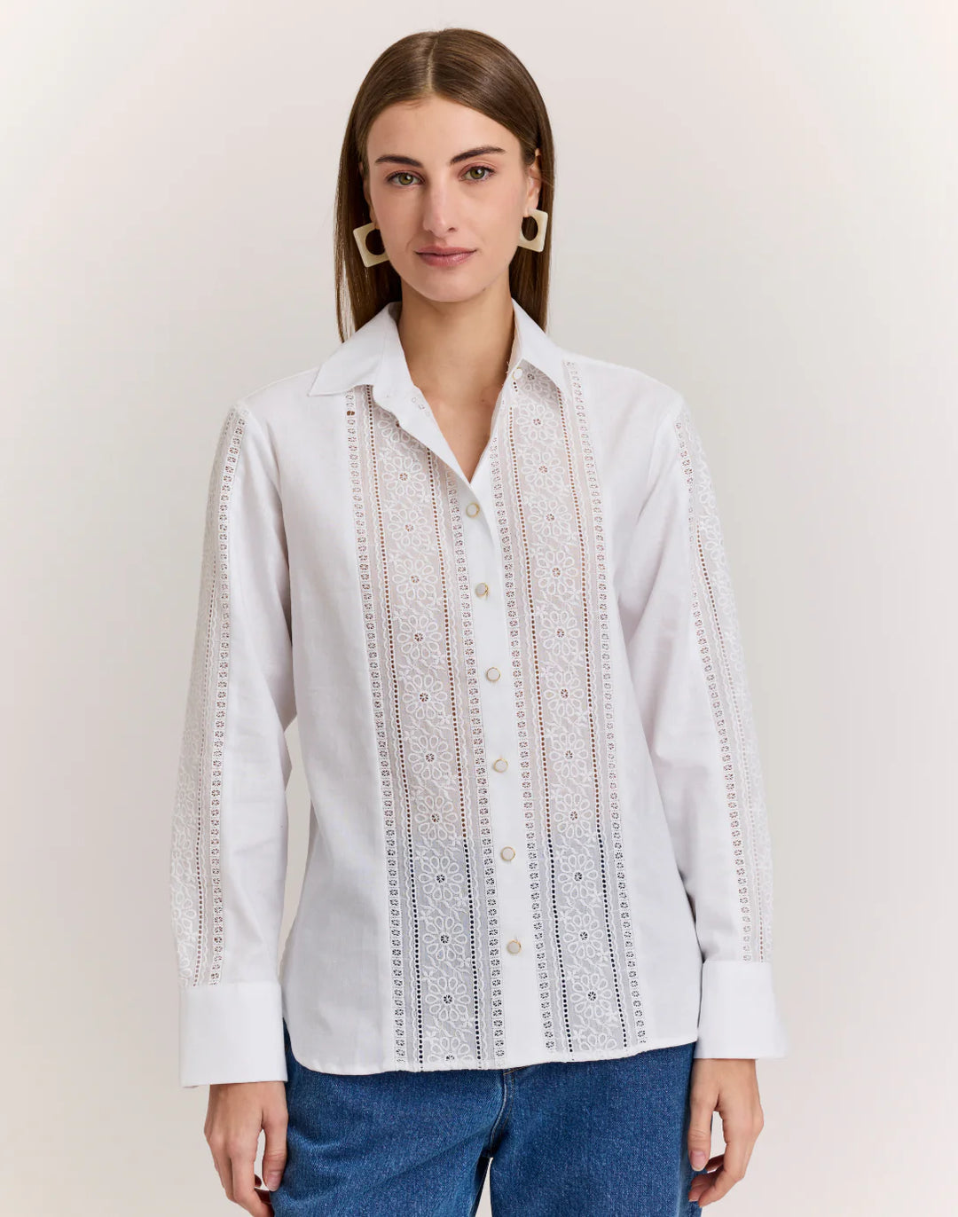 Hinson Wu Margot Long Sleeve Lace Trim Linen Shirt in White - Mildred Hoit