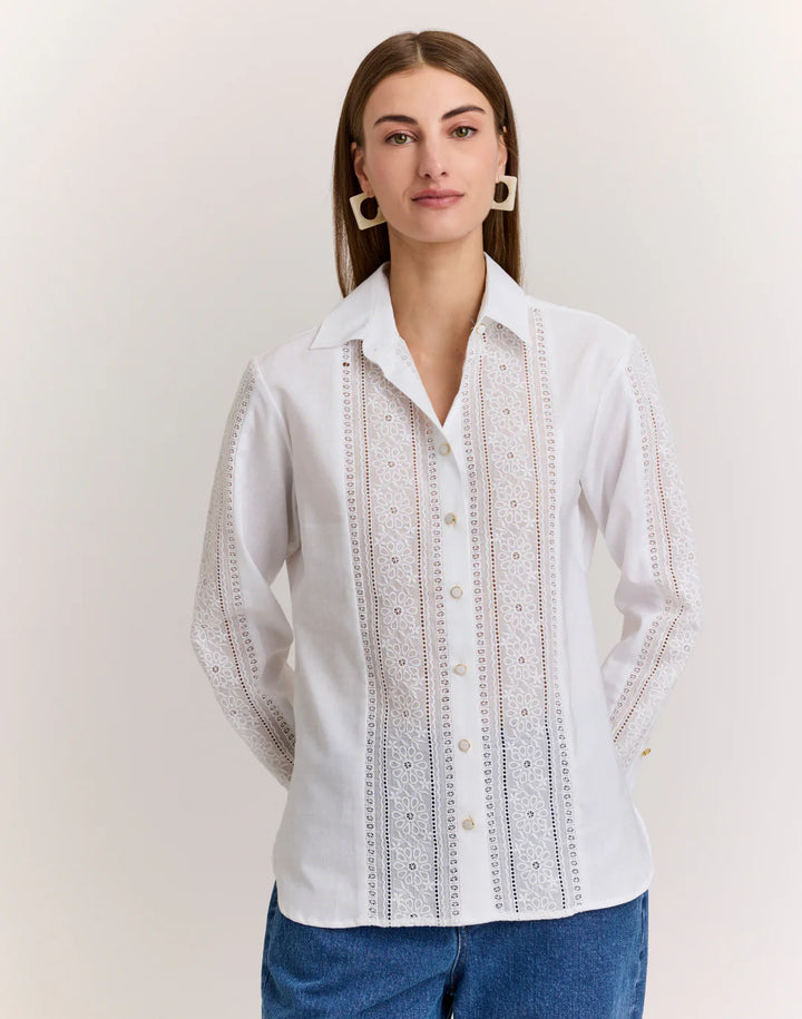 Hinson Wu Margot Long Sleeve Lace Trim Linen Shirt in White - Mildred Hoit