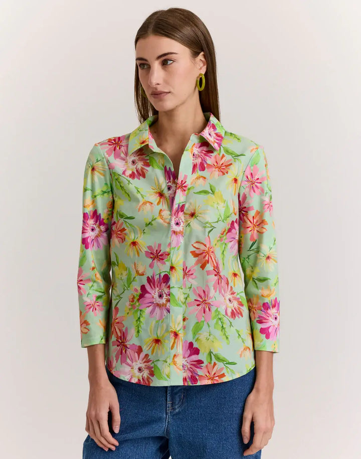 Hinson Wu Lizette 3/4 Sleeve Green Floral Print Top - Mildred Hoit