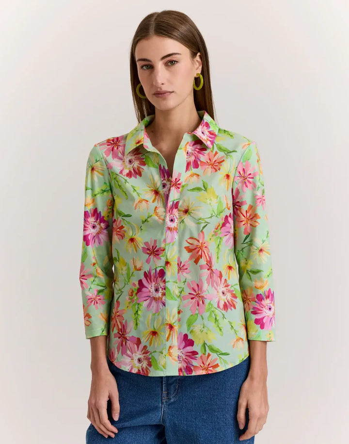 Hinson Wu Lizette 3/4 Sleeve Green Floral Print Top - Mildred Hoit