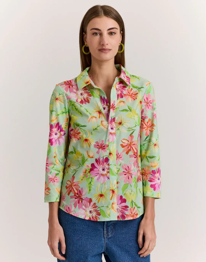 Hinson Wu Lizette 3/4 Sleeve Green Floral Print Top - Mildred Hoit