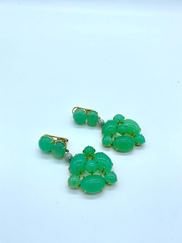 18K Gold, Diamond, and Chrysoprase Earrings available at Mildred Hoit in Palm Beach.