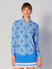 Tile Blue UPF 50+ Sport Shirt available at Mildred Hoit in Palm Beach.