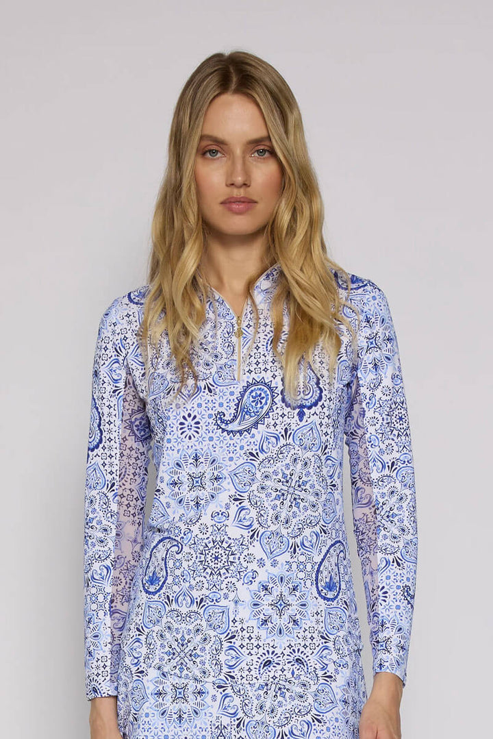 Blue Paisley UPF 50+ Sport Shirt available at Mildred Hoit in Palm Beach.