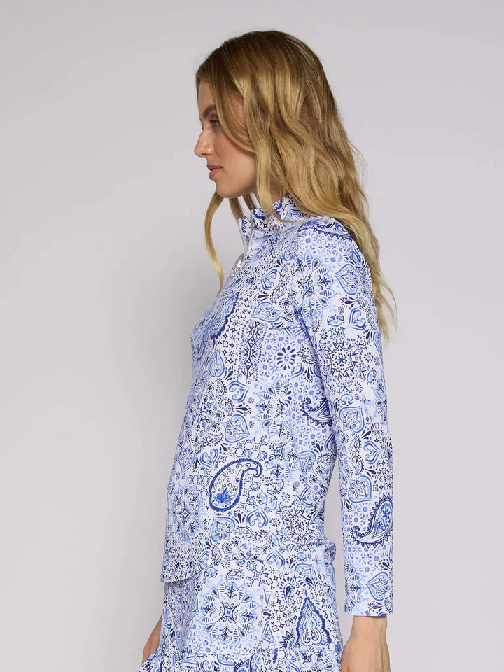 Side View of Blue Paisley UPF 50+ Sport Shirt.