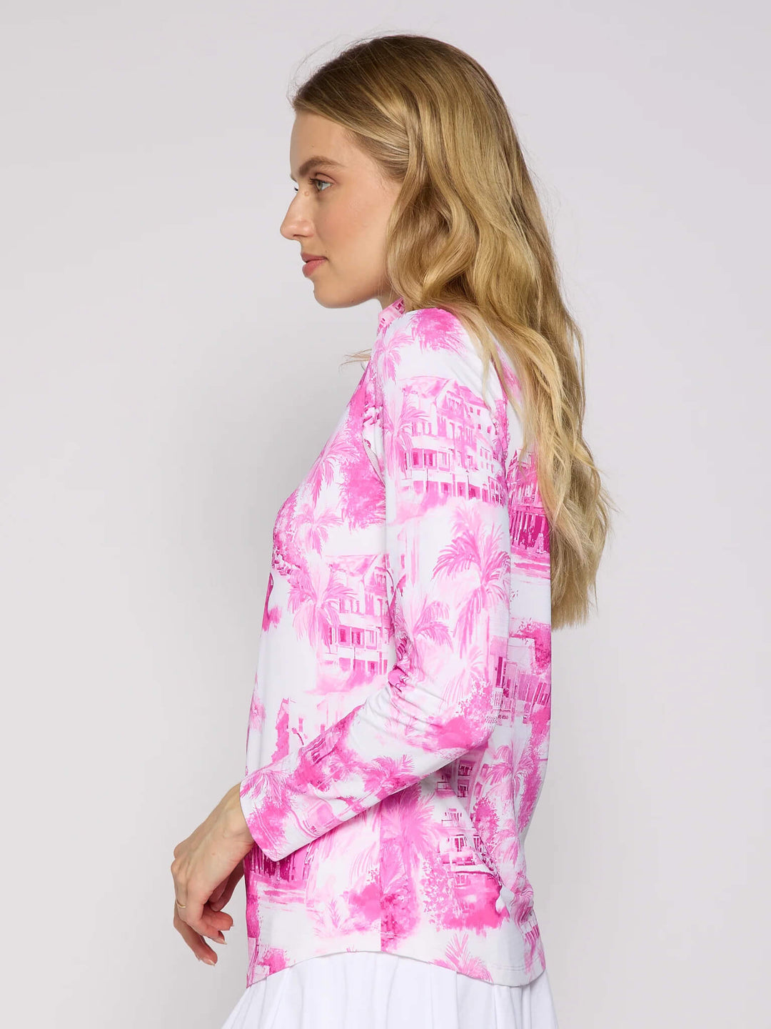 Side View of Pink Village UPF 50+ Sport Shirt.