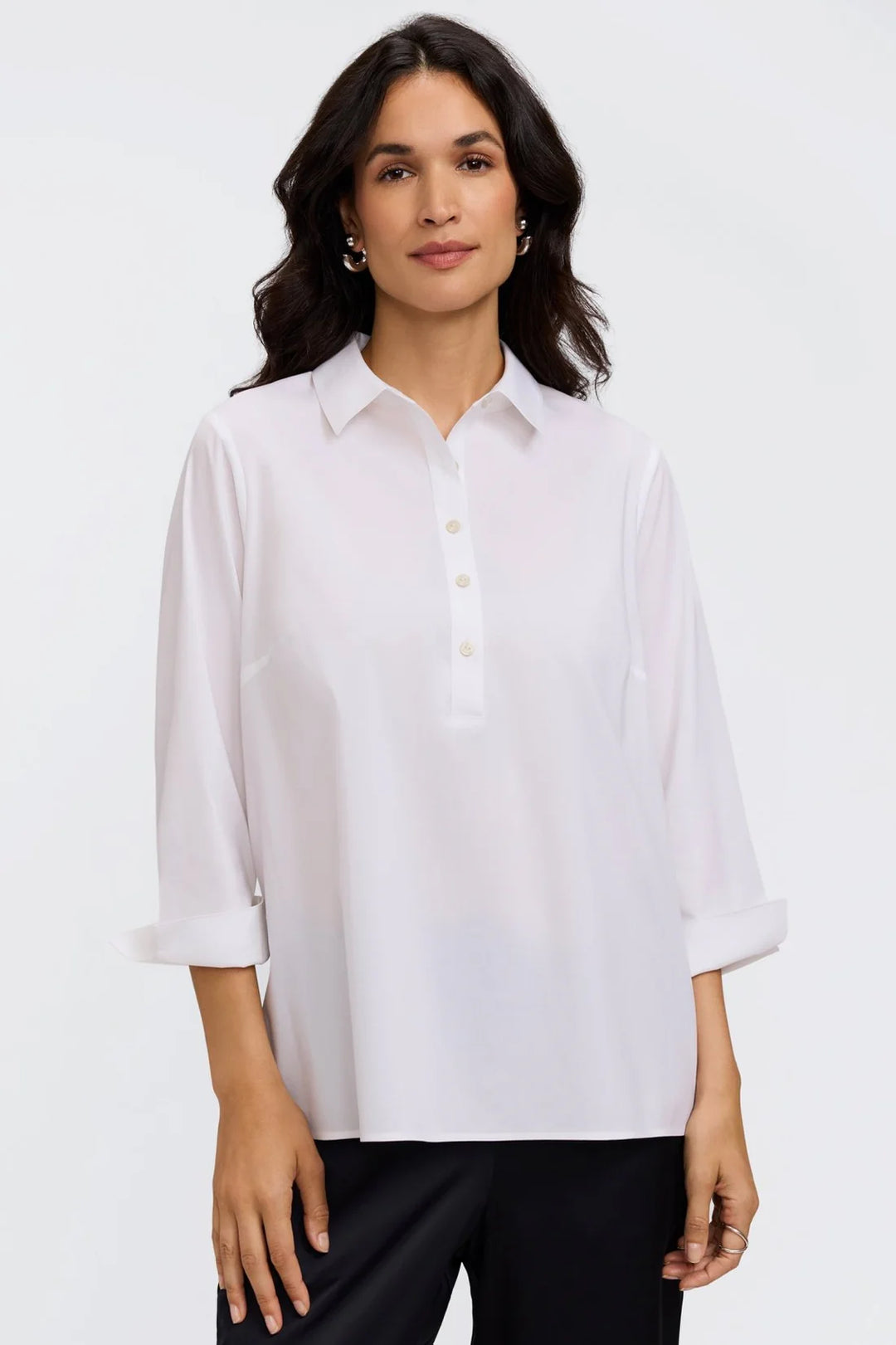 Foxcroft Therese Stretch 3/4 Sleeve Popover Shirt in White