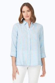 Striped Linen Blouse in Blue Breeze available at Mildred Hoit in Palm Beach.