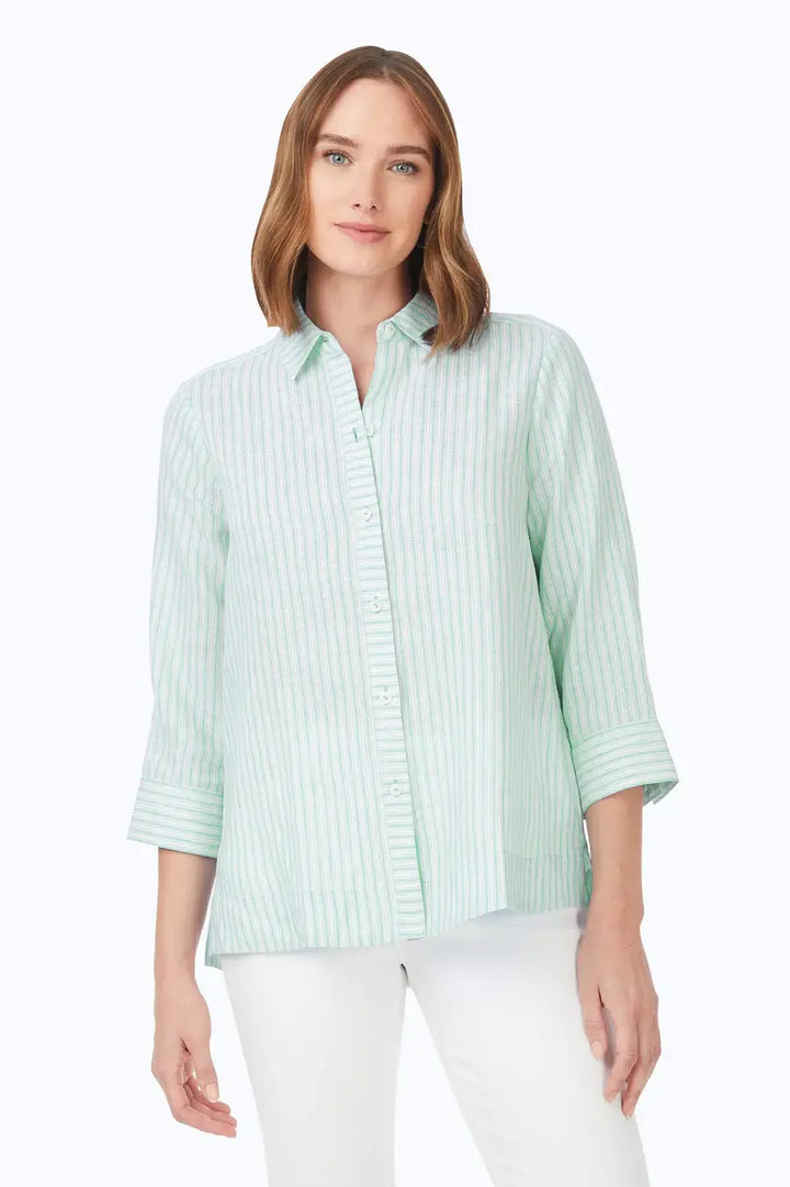 Striped Linen Blouse in Sea Mist - Mildred Hoit