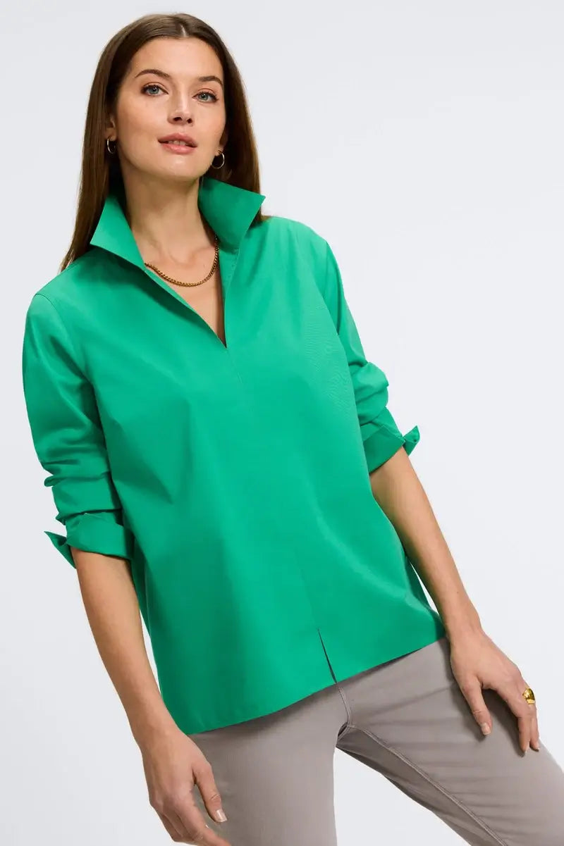 Foxcroft Agnes Stretch No Iron Popover Blouse in Kelly Green - Mildred Hoit