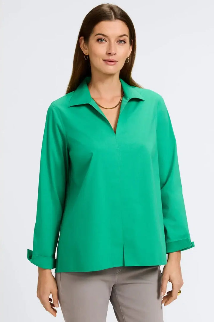 Foxcroft Agnes Stretch No Iron Popover Blouse in Kelly Green - Mildred Hoit