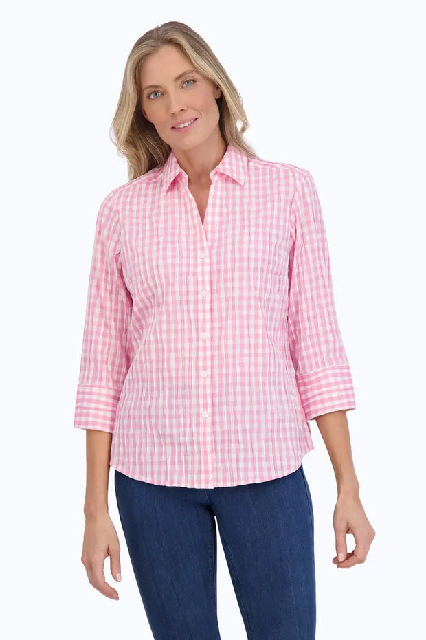 Foxcroft Mary Crinkle Gingham Shirt in Shell Pink available at Mildred Hoit in Palm Beach.