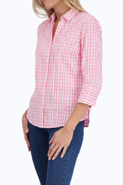 Foxcroft Mary Crinkle Gingham Shirt in Shell Pink