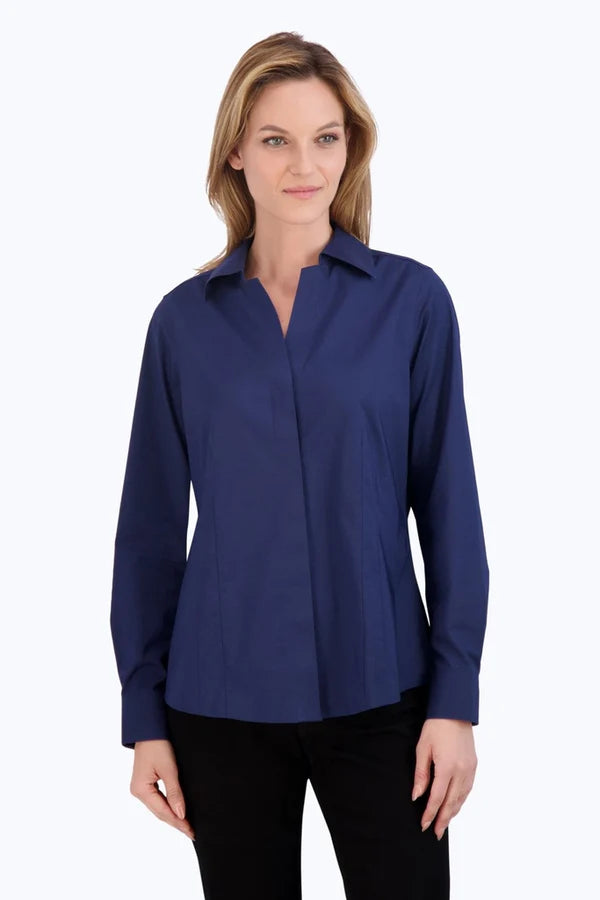 Foxcroft Taylor No Iron Stretch Long Sleeve Shirt in Navy - Mildred Hoit