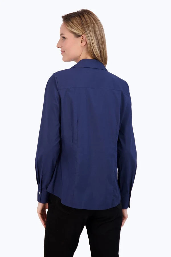 Foxcroft Taylor No Iron Stretch Long Sleeve Shirt in Navy - Mildred Hoit