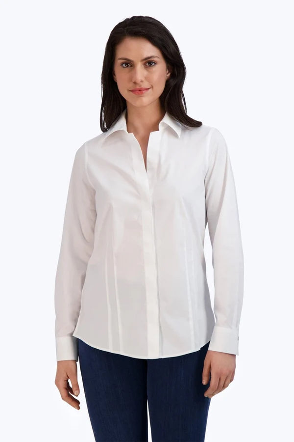 Foxcroft Taylor No Iron Stretch Long Sleeve Shirt in White - Mildred Hoit