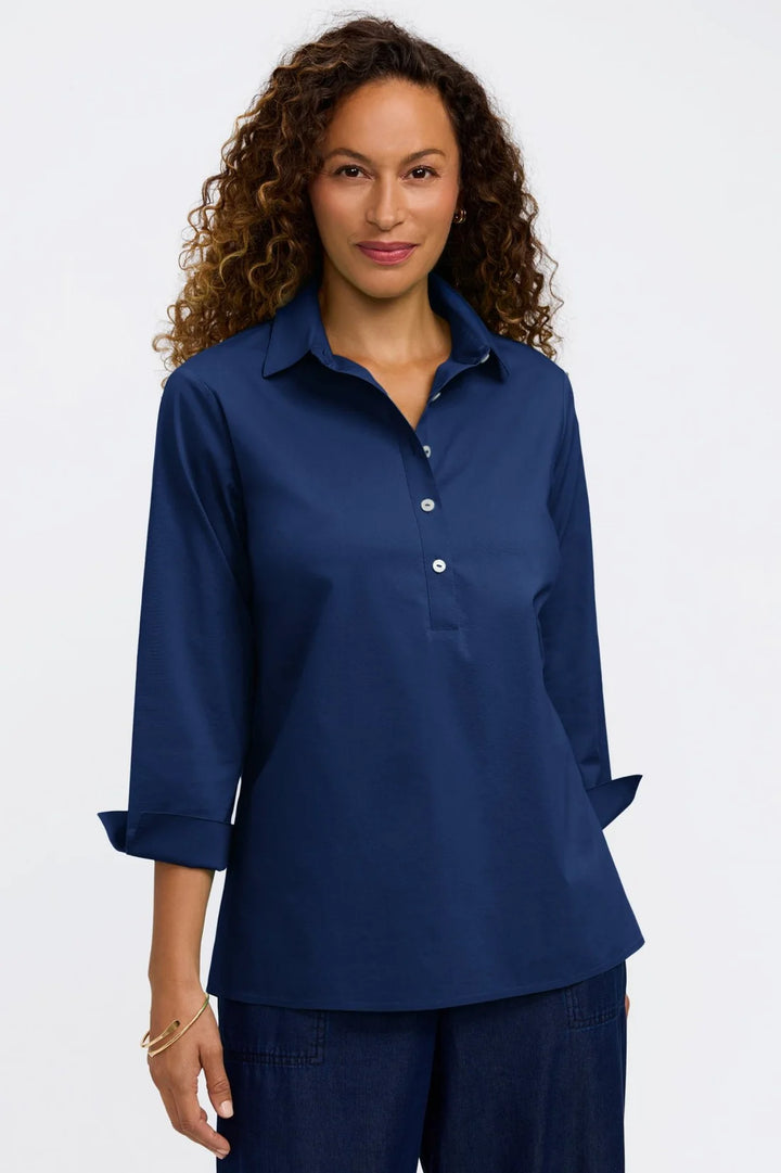 Foxcroft Therese Stretch 3/4 Sleeve Popover Shirt in Navy
