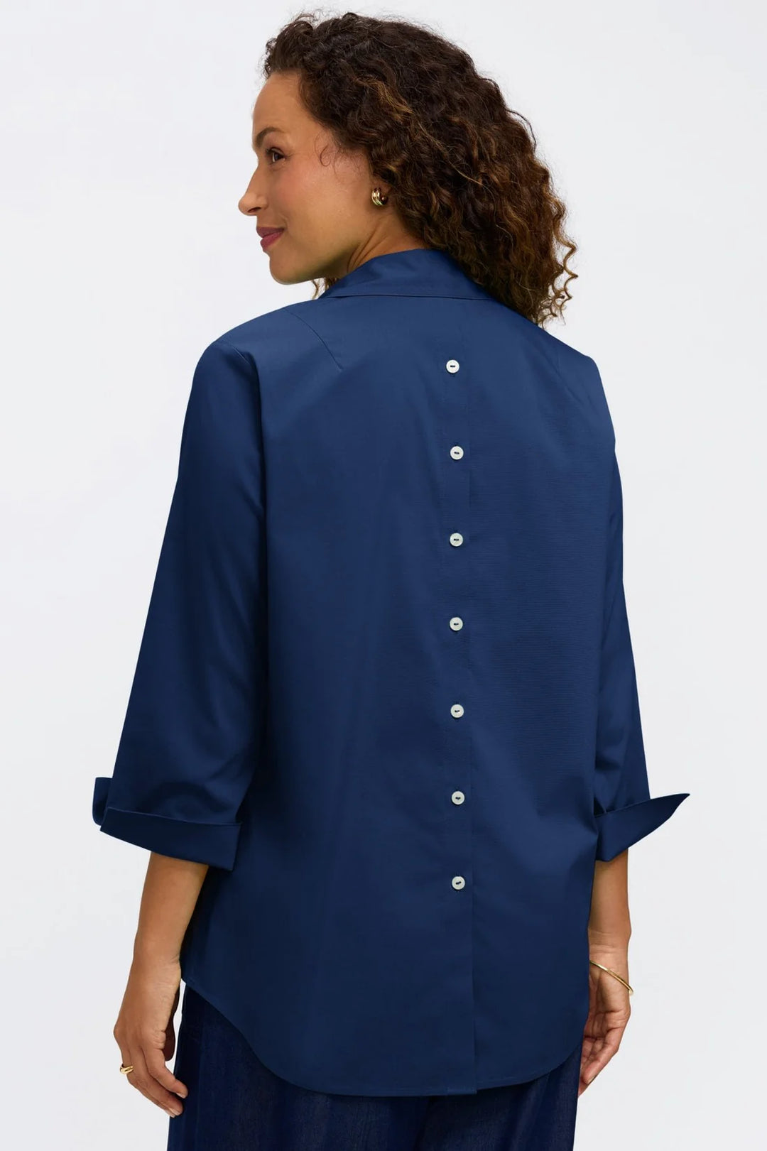 Foxcroft Therese Stretch 3/4 Sleeve Popover Shirt in Navy