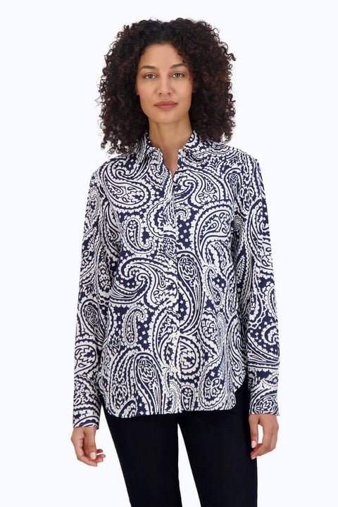Foxcroft Meghan Navy Paisley Blouse available at Mildred Hoit in Palm Beach.