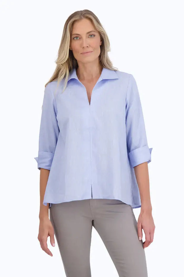 Foxcroft Agnes Easy Care Linen Popover Shirt in Powder Blue available at Mildred Hoit in Palm Beach.