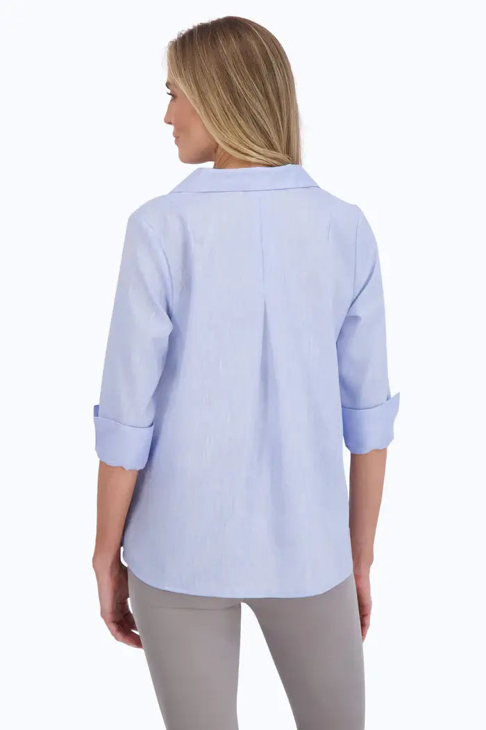 Foxcroft Agnes Easy Care Linen Popover Shirt in Powder Blue - Mildred Hoit