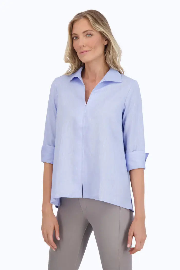 Foxcroft Agnes Easy Care Linen Popover Shirt in Powder Blue - Mildred Hoit