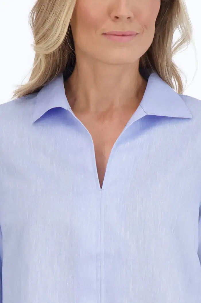 Foxcroft Agnes Easy Care Linen Popover Shirt in Powder Blue - Mildred Hoit