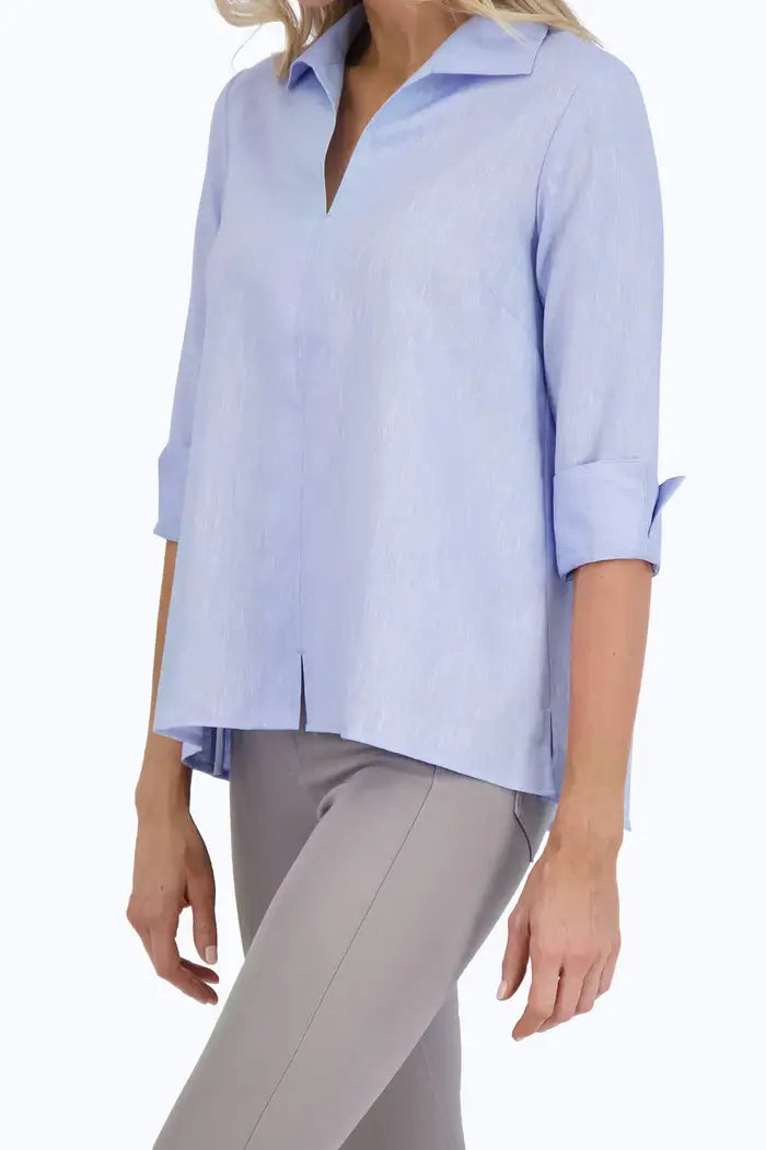 Foxcroft Agnes Easy Care Linen Popover Shirt in Powder Blue - Mildred Hoit