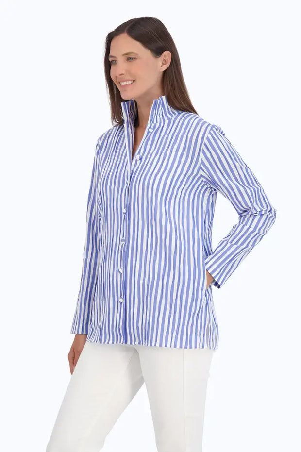 Foxcroft Carolina Crinkle Stripe Shirt in Cornflower available at Mildred Hoit in Palm Beach.