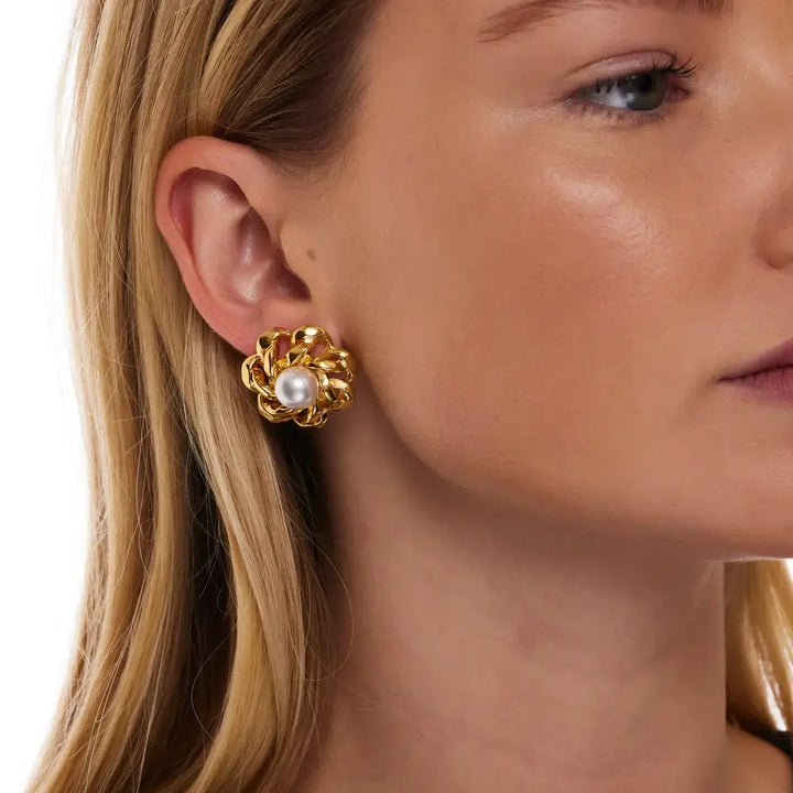 Kenneth Jay Lane Gold and Pearl Open Link Flower Earring - Mildred Hoit