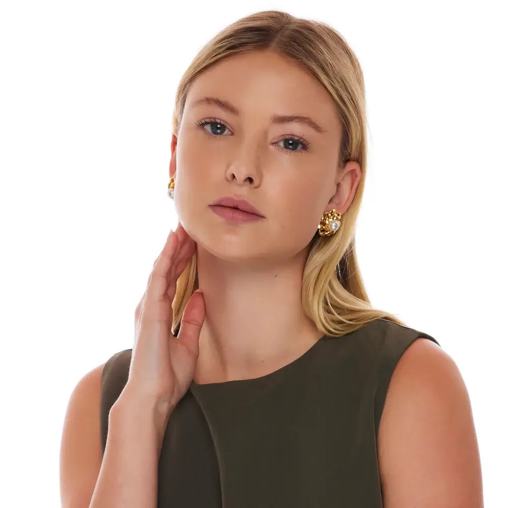 Kenneth Jay Lane Gold and Pearl Open Link Flower Earring - Mildred Hoit