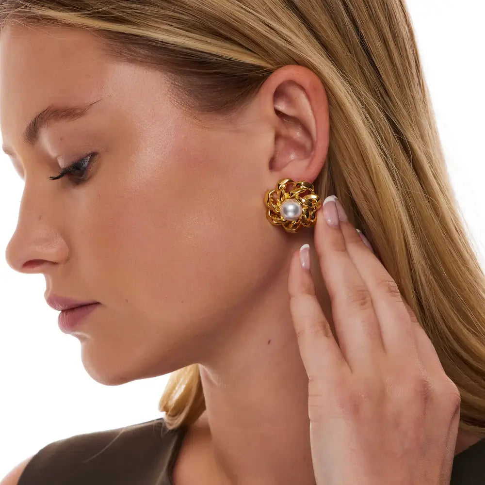 Kenneth Jay Lane Gold and Pearl Open Link Flower Earring - Mildred Hoit
