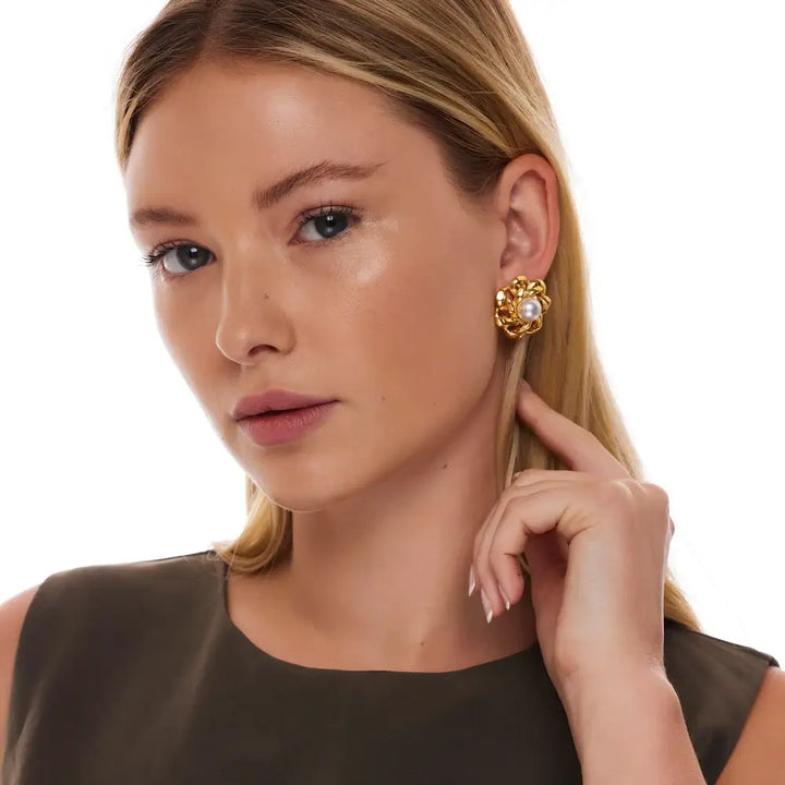Kenneth Jay Lane Gold and Pearl Open Link Flower Earring - Mildred Hoit