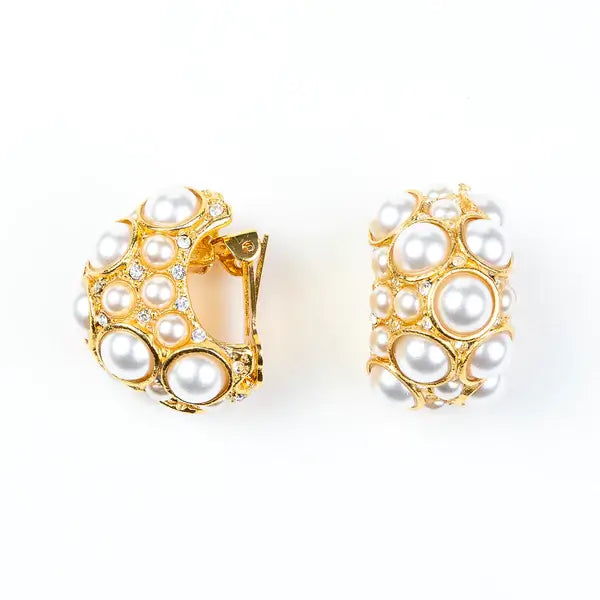 Kenneth Jay Lane Gold and Crystal Clip Earrings with Pearl Cabochons - Mildred Hoit